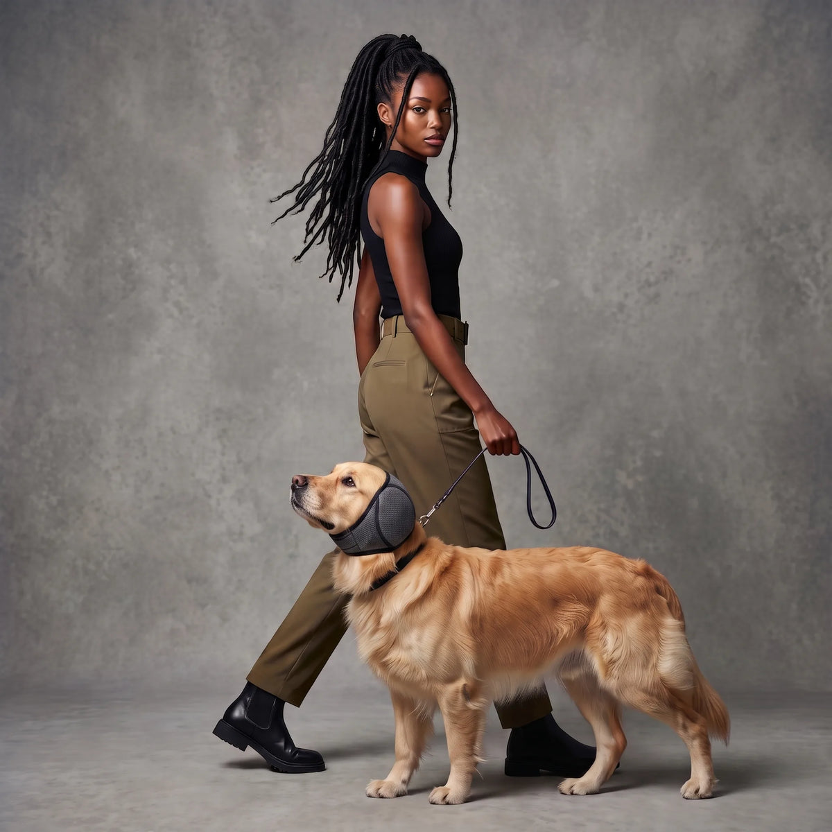 A woman with long black dreadlocks walks a golden retriever on a leash in a studio setting. The dog is wearing a dark gray protective head collar.