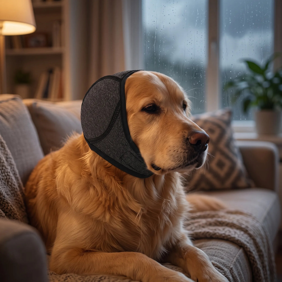 A golden retriever dog wearing a dark gray fabric dog face mask sits on a beige sofa in a cozy living room setting.