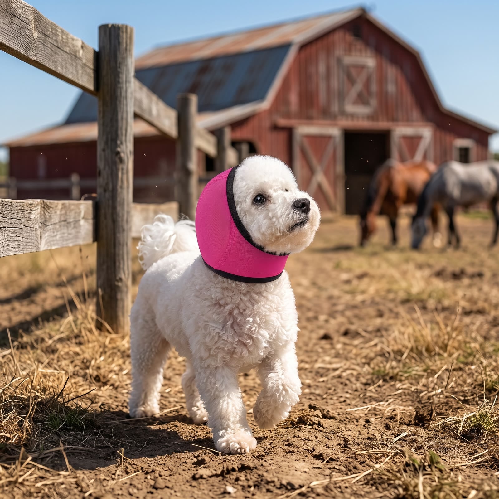 A small white curly-coated dog wearing a pink Quiet Ears head wrap, walking past a red barn on a bright day